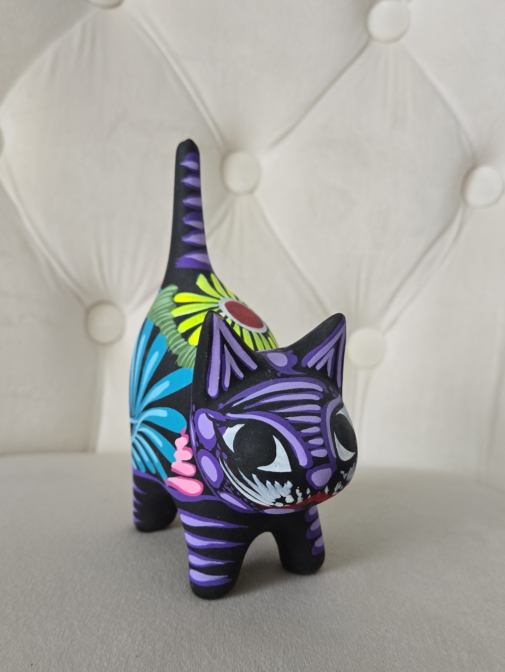 Halloween Mexican Style Purple Floral Folk Art Cat Hand Painted Figurine, NWT